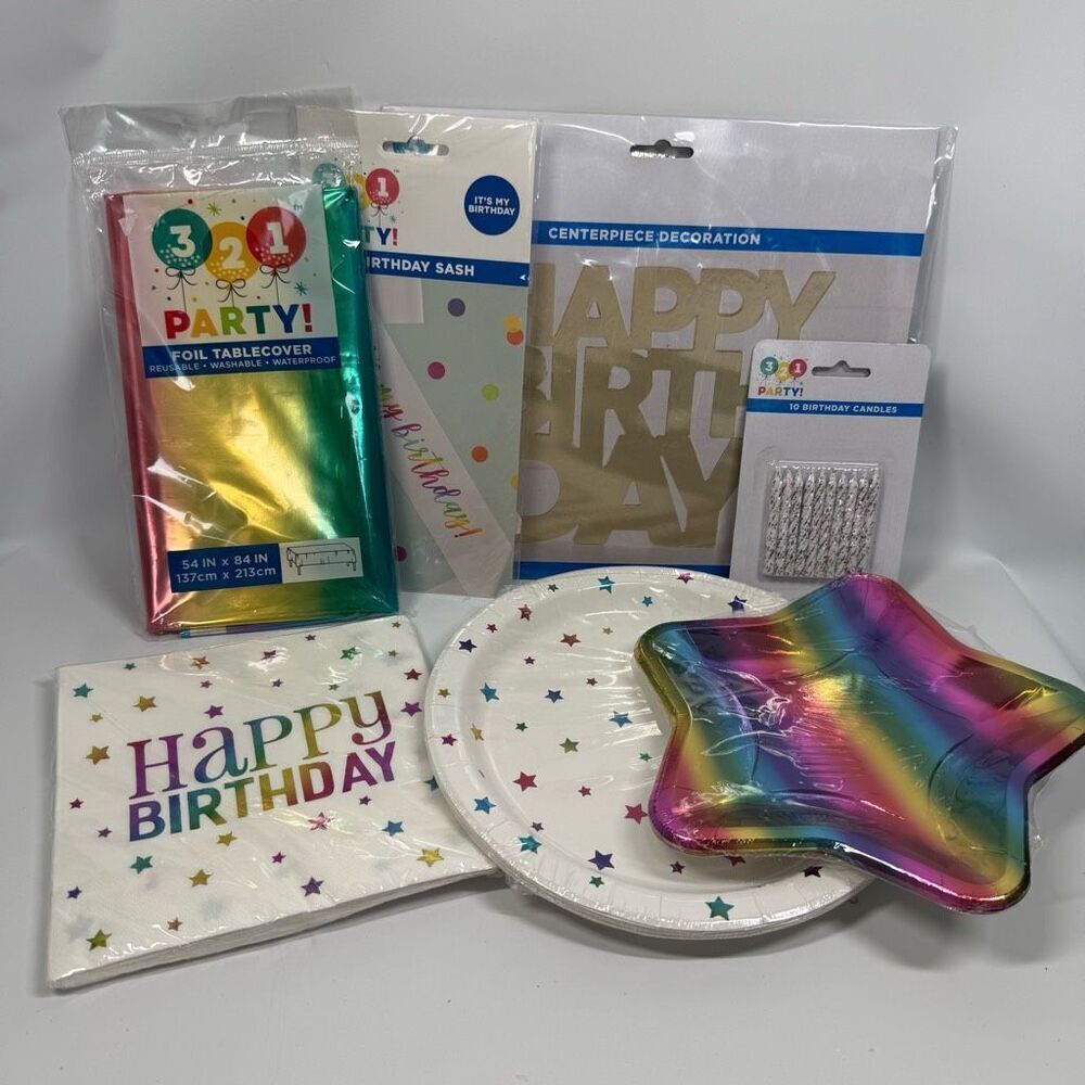 D10  Party Decorations- 7 piece Rainbow Star variety party supplies and decorati